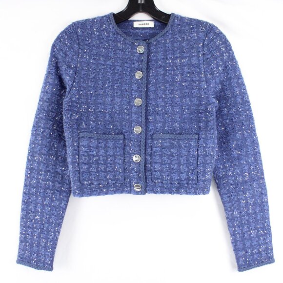NWT Sandro Cropped Glitter Tweed Effect Coatigan with Braided Trim in Blue FR 0 - Picture 1 of 16